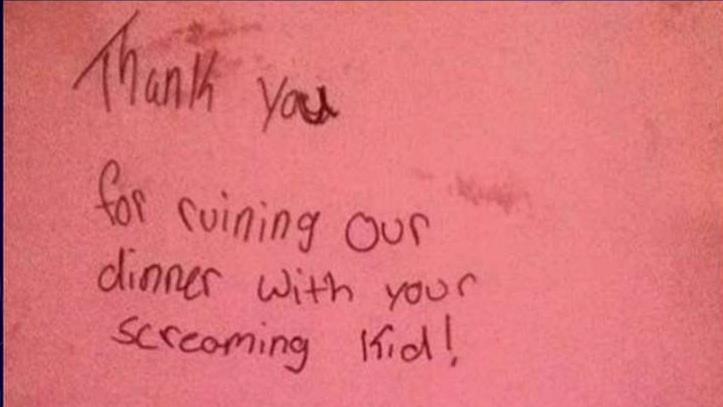 Angry diners leave nasty note for parents of crying baby