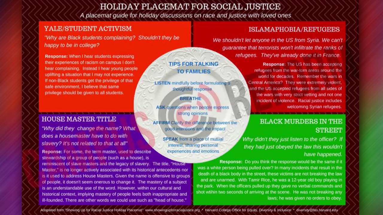 Harvard hands out placemats with social justice flow charts