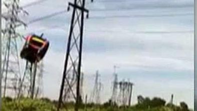Video: Bounce house flies away, slams into power lines