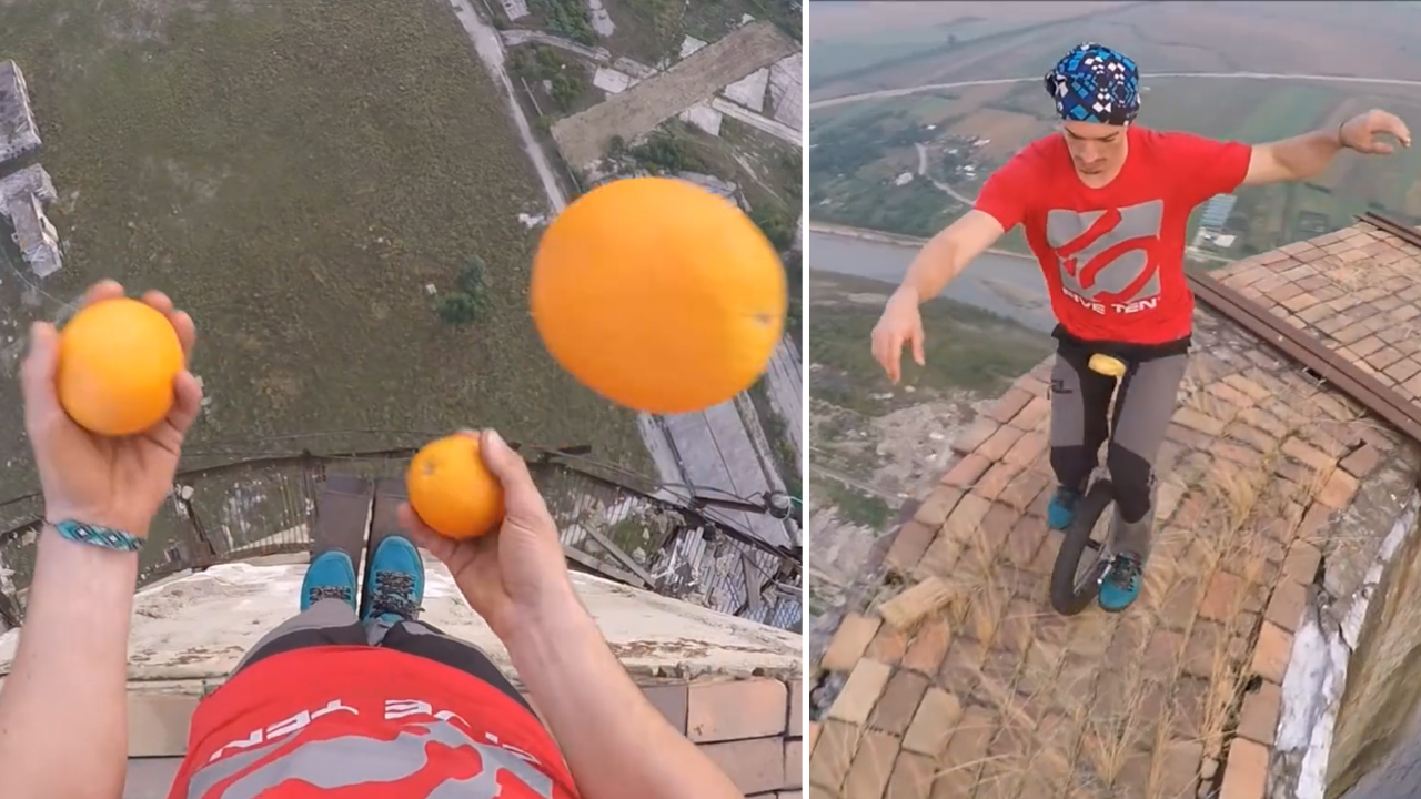 Daredevil unicyclist juggles at dizzying heights