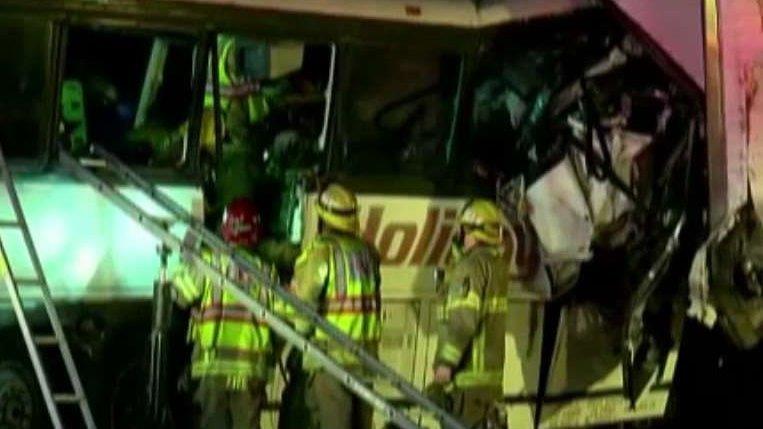 Tour bus and semi-truck collide in California