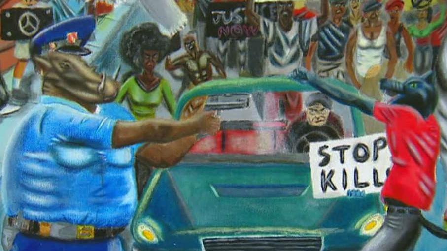 Dems to rehang controversial artwork showing cops as pigs