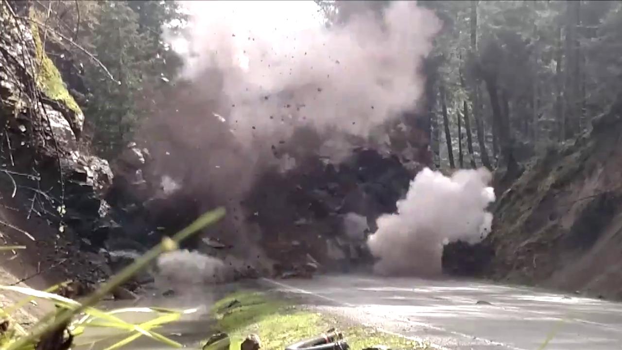 200-ton boulder blocking highway blasted to bits