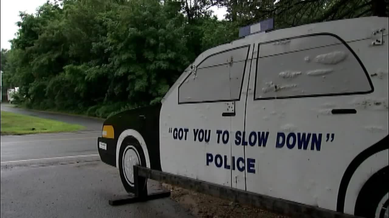 Homeowner uses cutout police cruiser to slow drivers down
