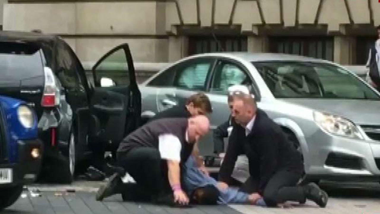Nigel Farage reacts after car strikes pedestrians in London