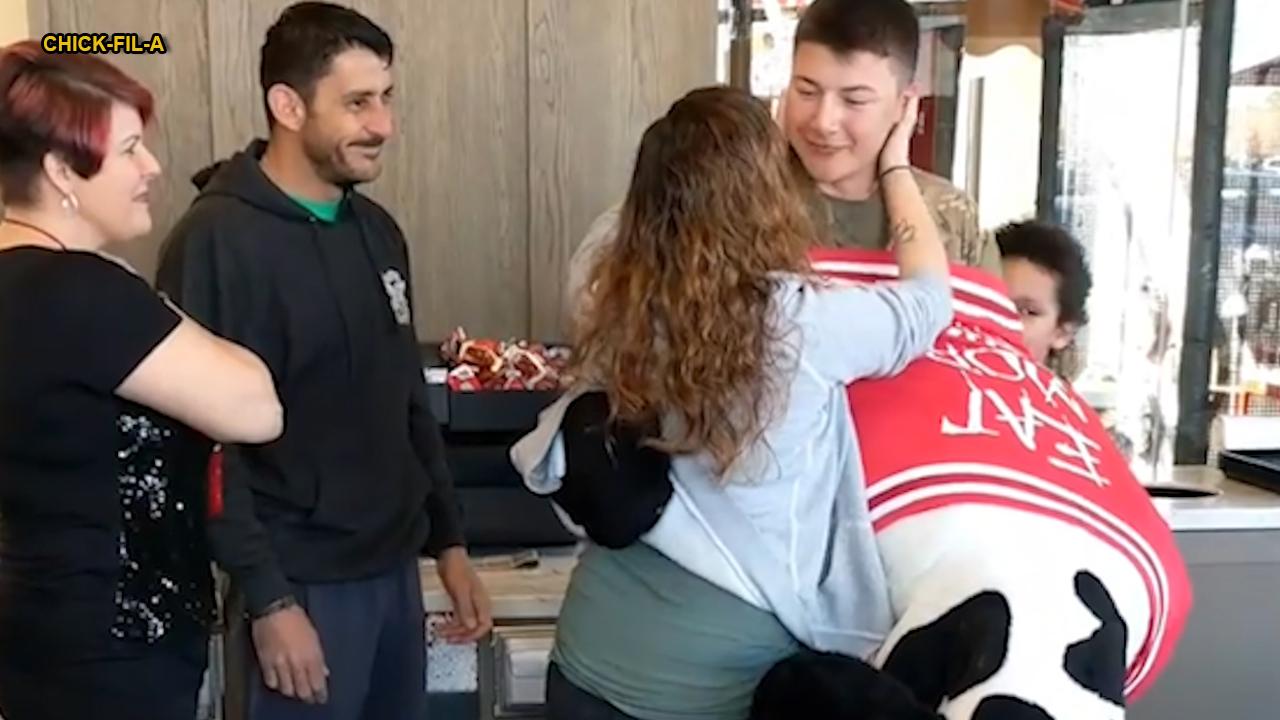 Soldier surprises pregnant wife at Chick-fil-A