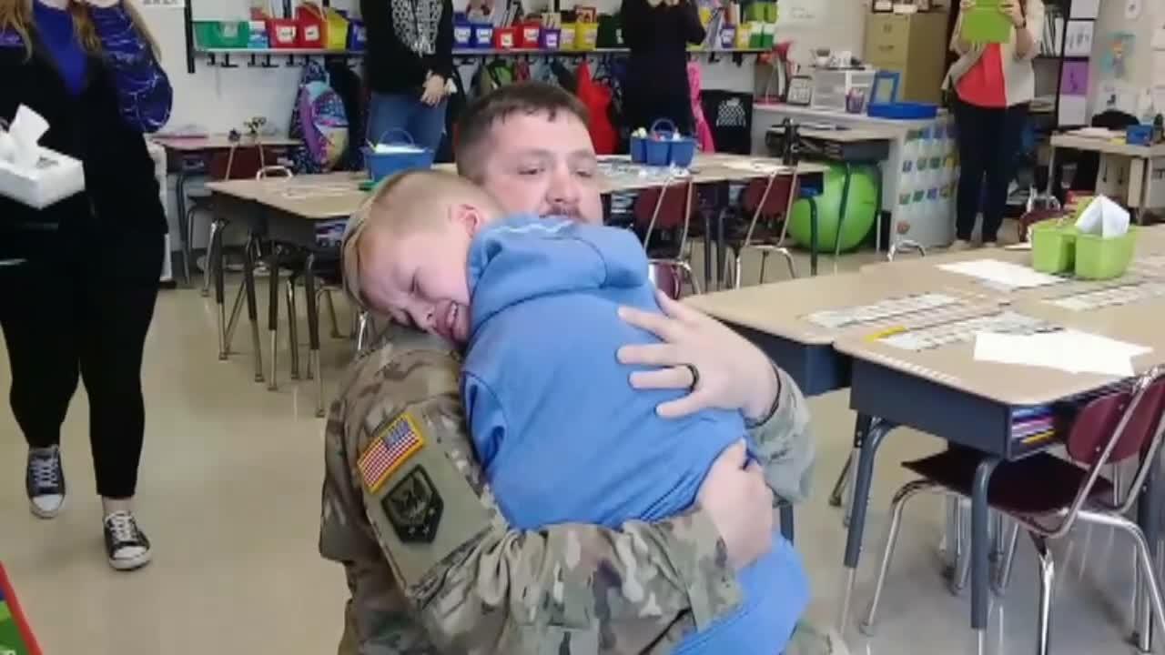 'Happy birthday, buddy!': Soldier surprises son at school