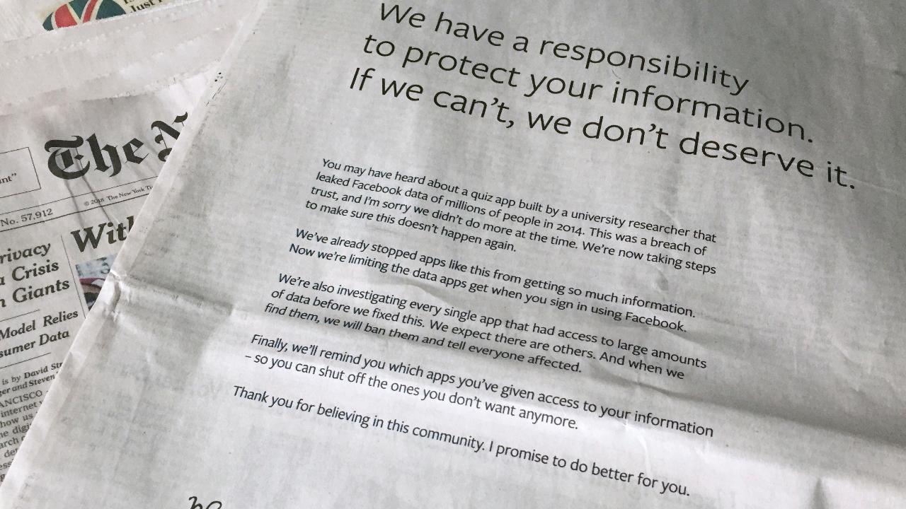 Zuckerberg takes out apology ads in US and UK papers