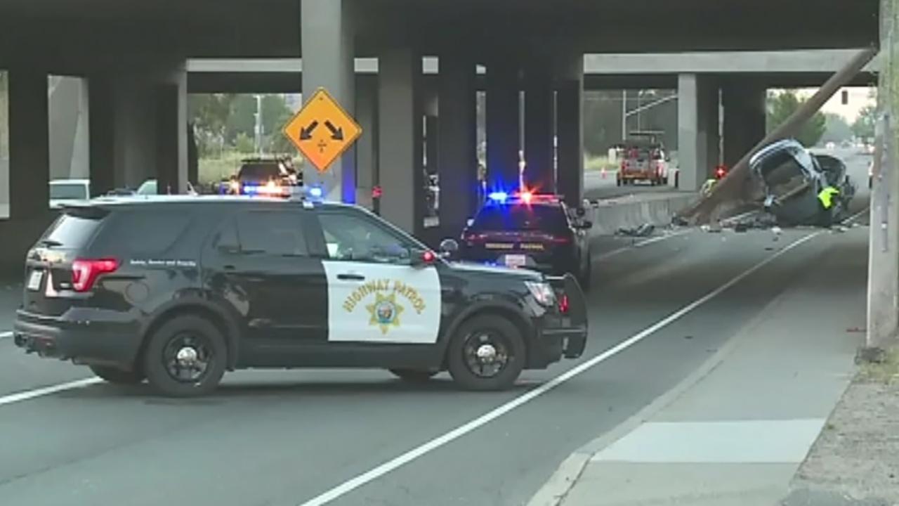 California car crash snaps utility pole in half