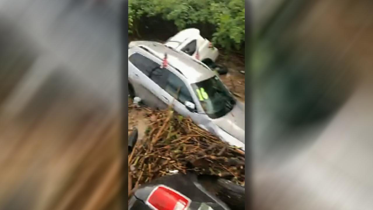 Flash flood sweeps cars from New Jersey dealership lot