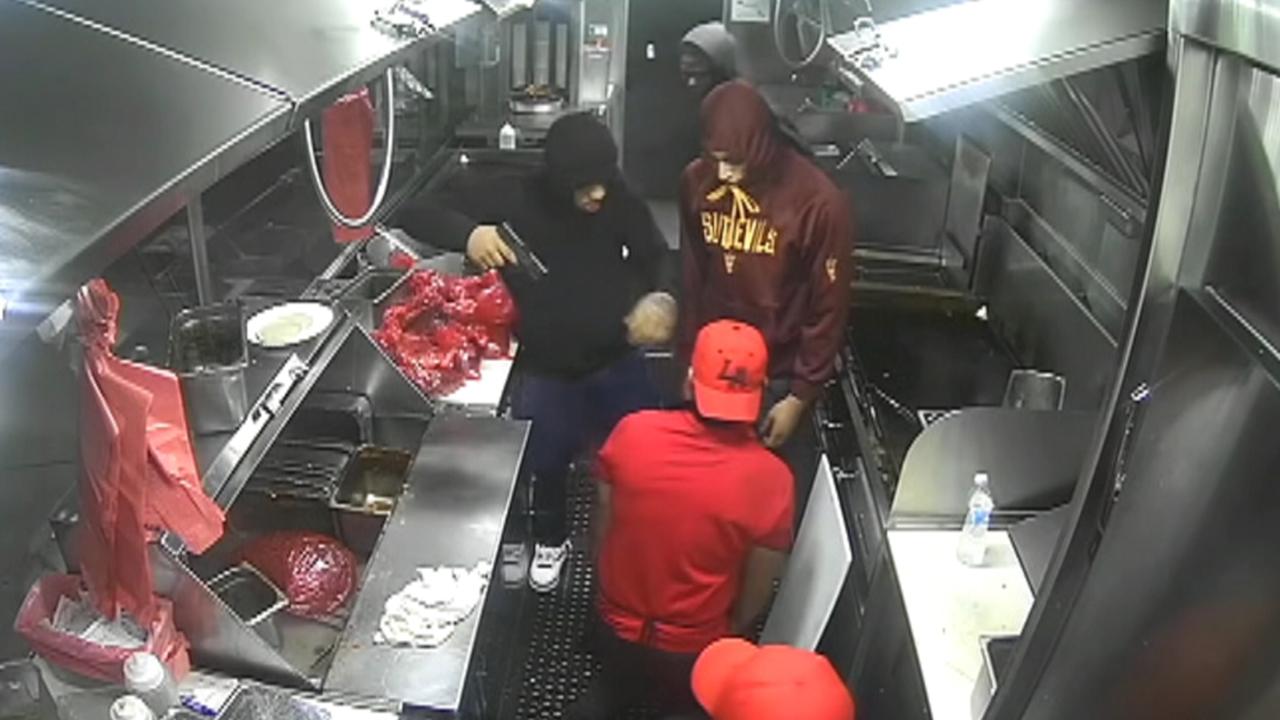 Suspects caught on video robbing California taco truck