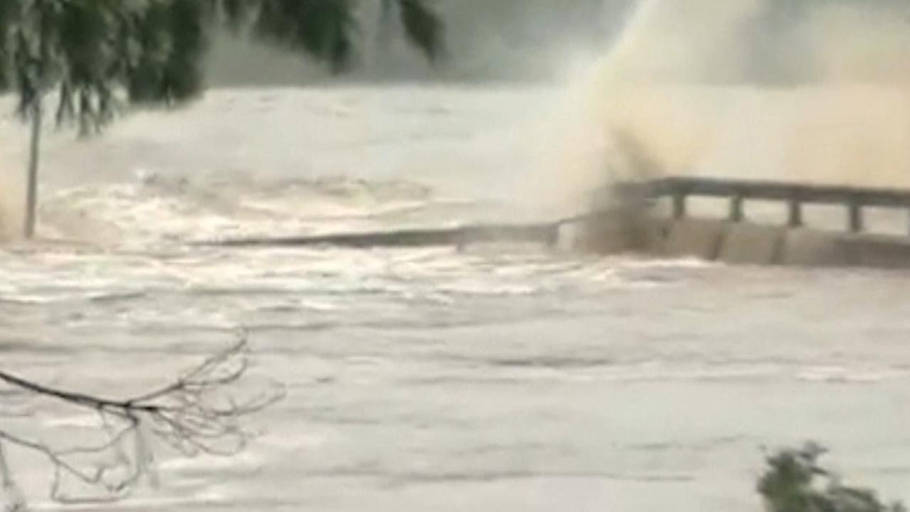 Floodwaters destroy a bridge over the Llano River in Texas 