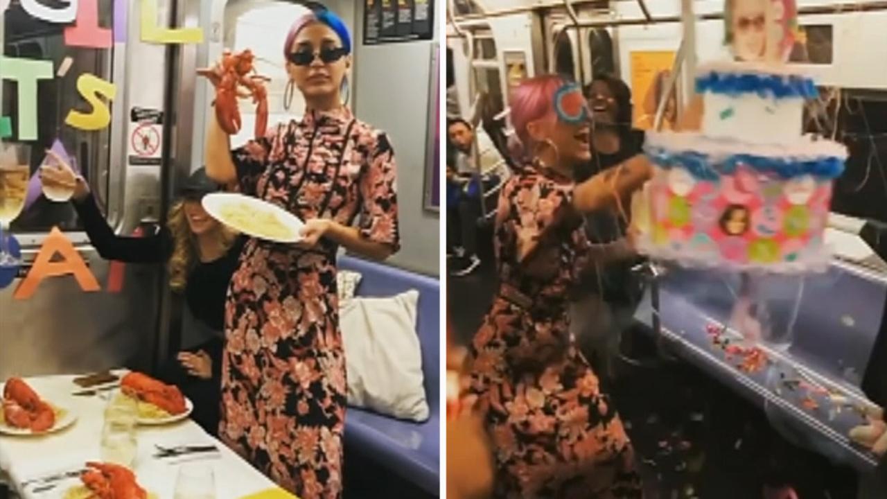 Group celebrates friend's birthday on NYC subway