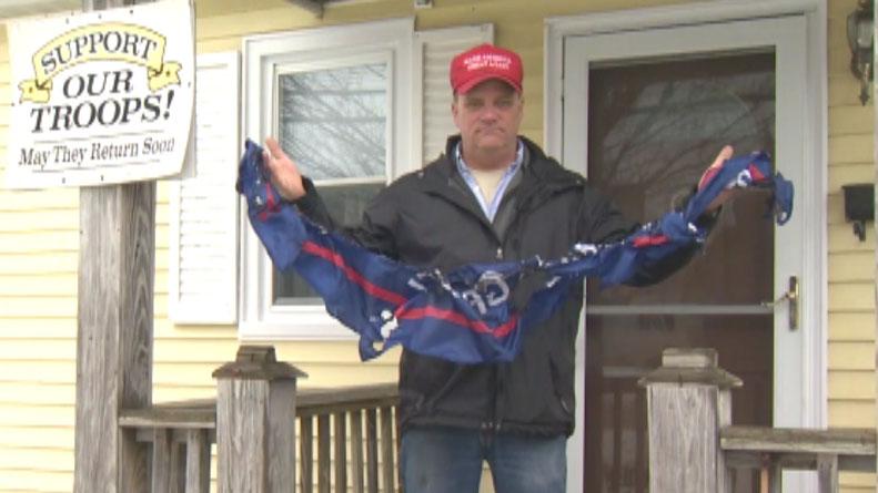 Burlington, Vermont resident reacts to his Trump 2020 flag being destroyed on his front lawn