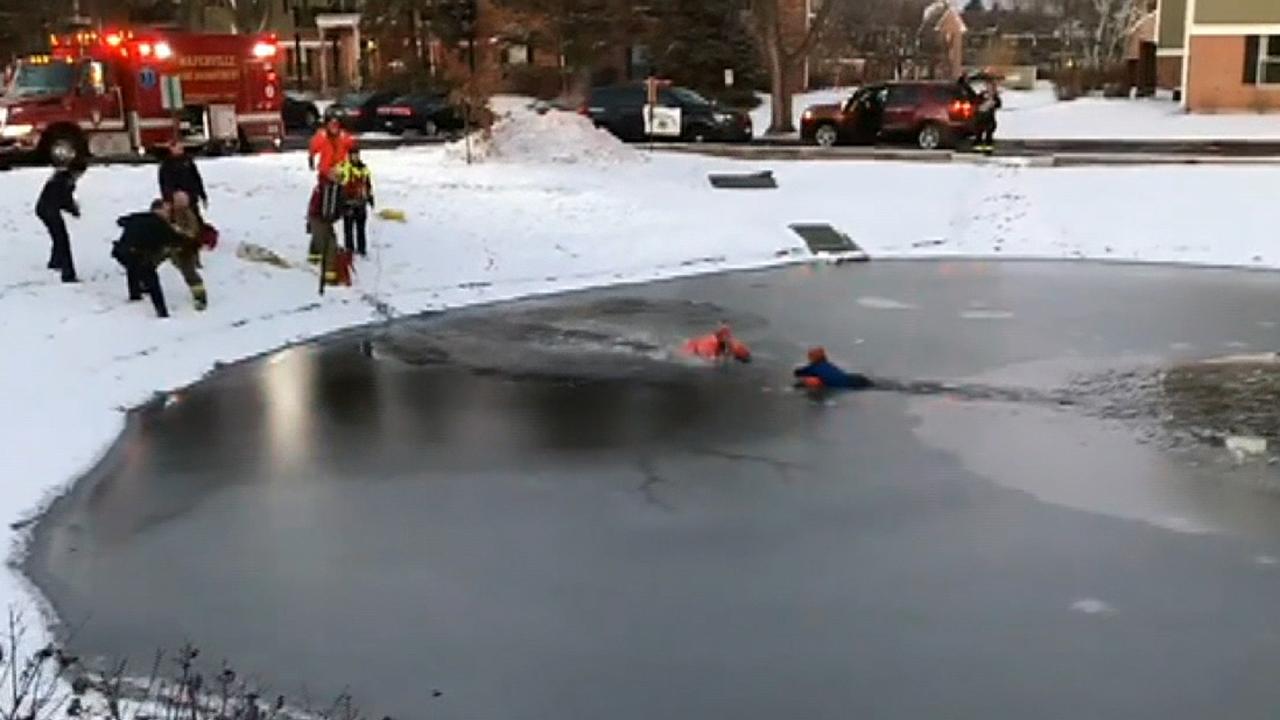 Firefighters, police rescue child who fell through ice on frozen pond