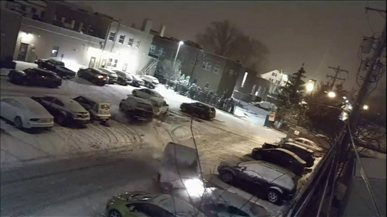 Security camera footage catches video of an Ohio diver plowing into parked cars 