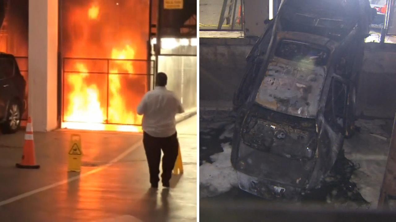 Car plummets nine floors, bursts into flames in downtown Miami parking