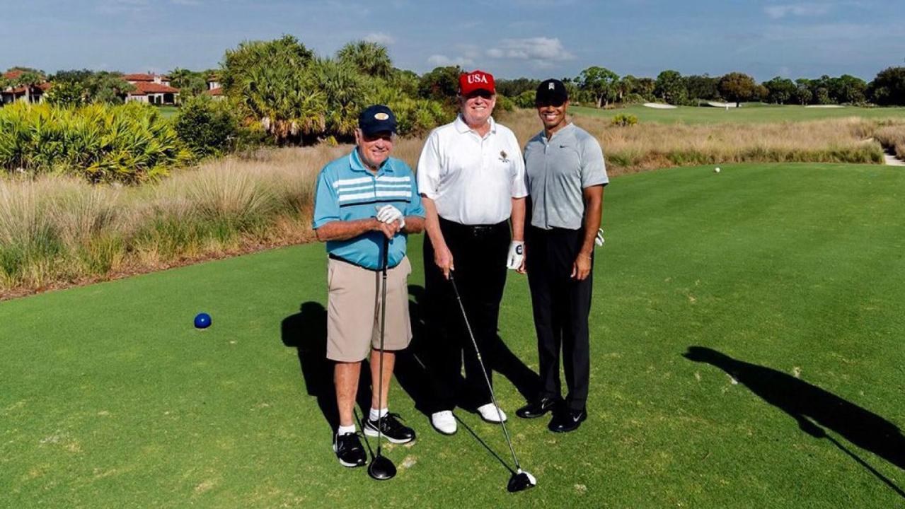 Trump golfs with greats Tiger Woods and Jack Nicklaus at Florida club