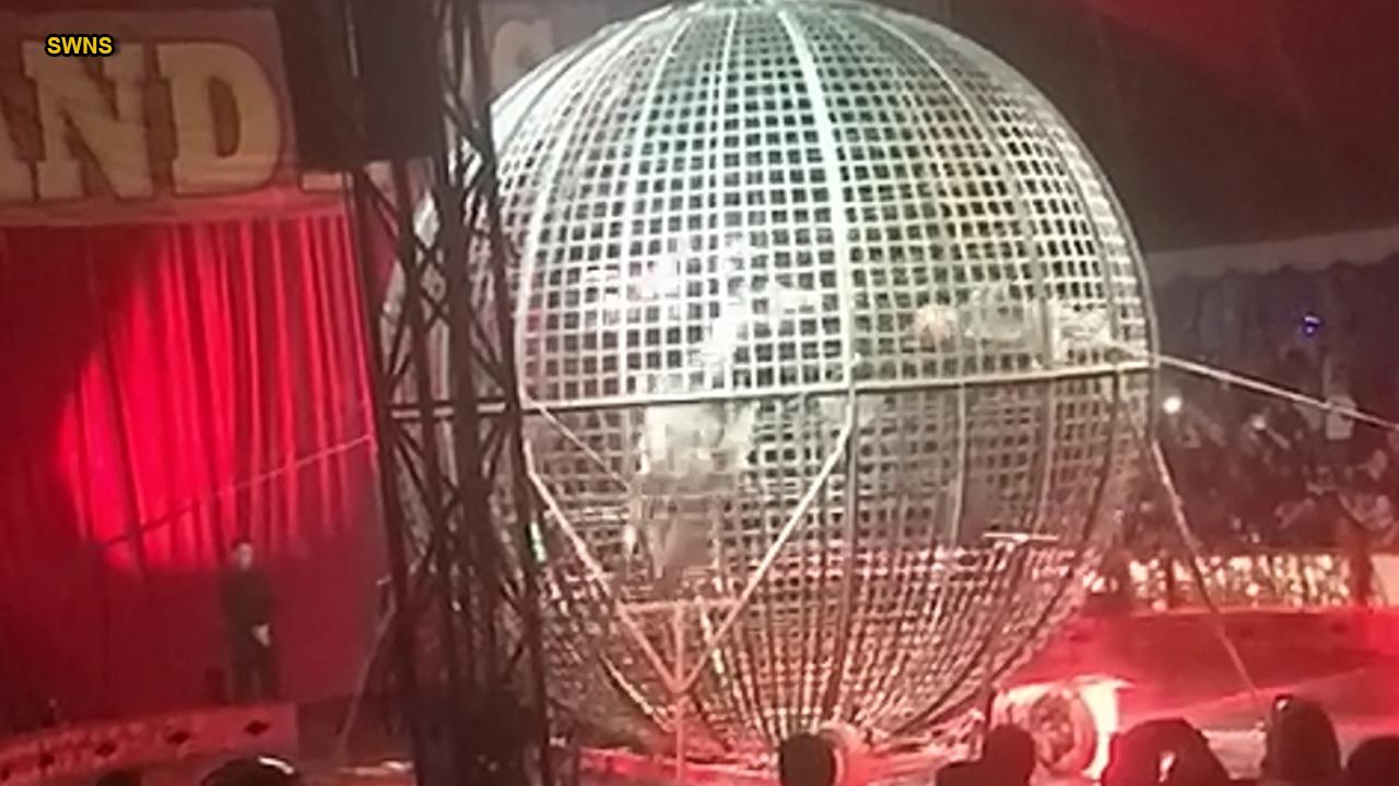 Circus performers crash during 'globe of death' motorcycle stunt