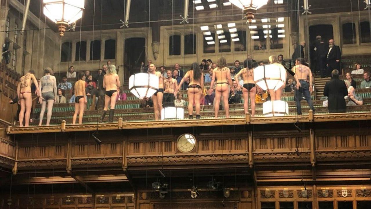 A dozen demonstrators have been arrested after stripping down in Britain's House of Commons to protest climate change