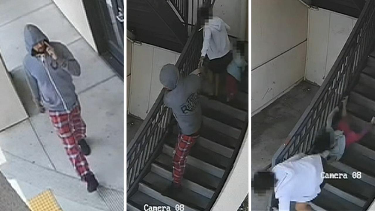Woman and child pulled down stairs in violent purse snatching caught on camera