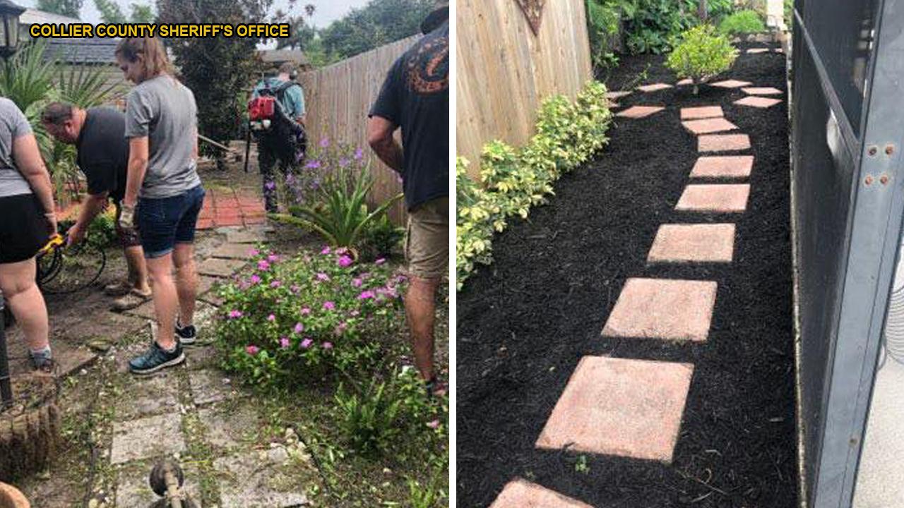 Cancer patient gets the surprise of her life when police officers turn her yard into a 'virtual oasis'