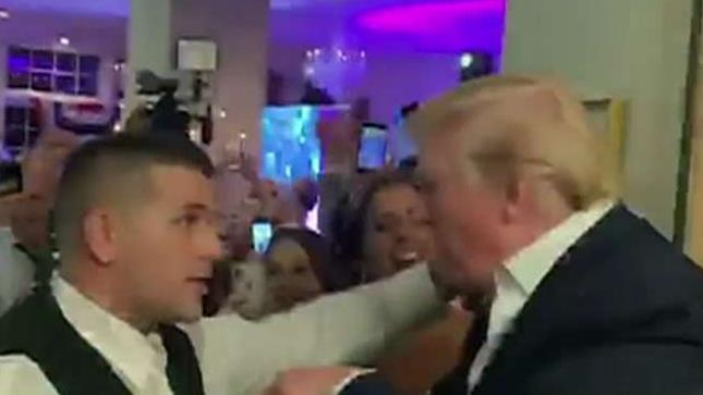 Bride and groom glowing after being surprised by Trump at wedding