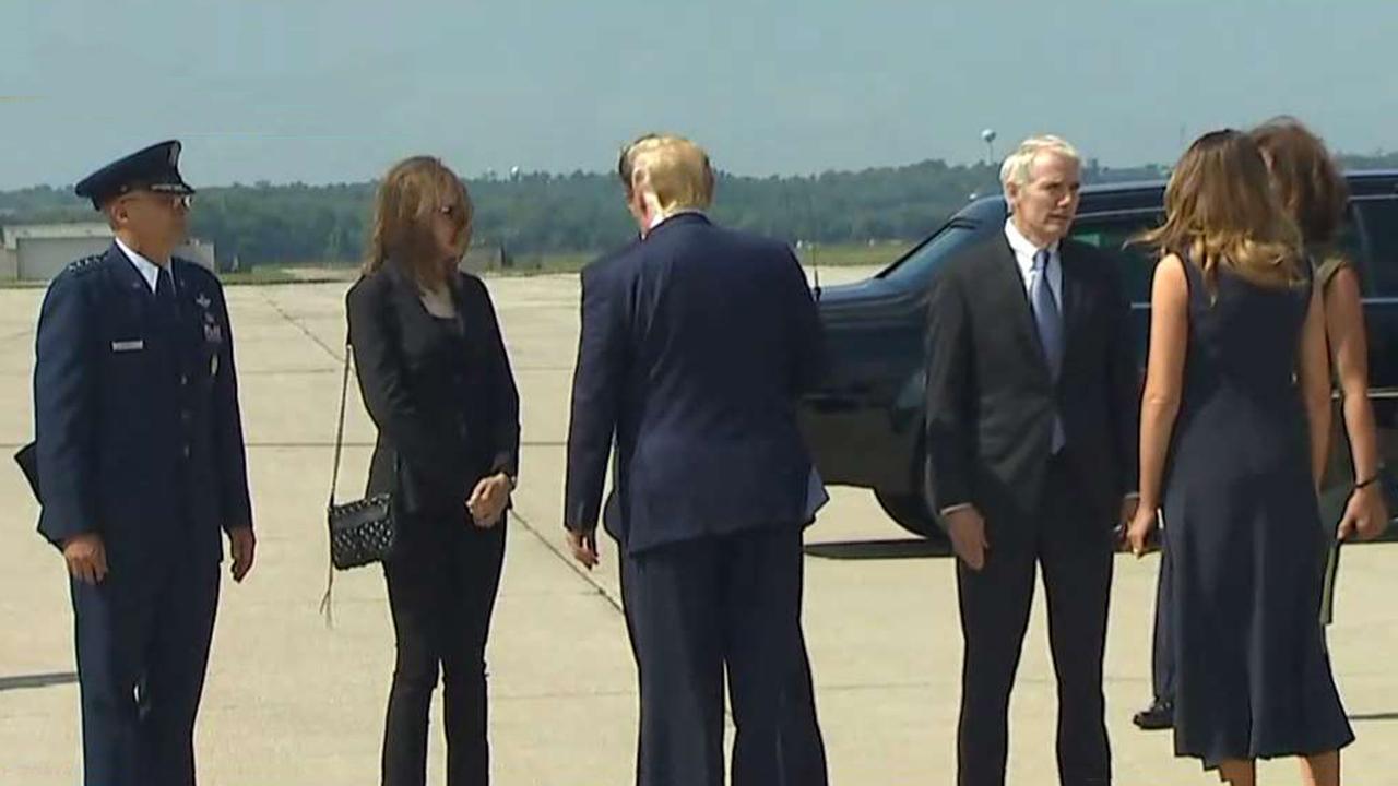 President Trump arrives in Dayton, Ohio to visit with mass shooting survivors