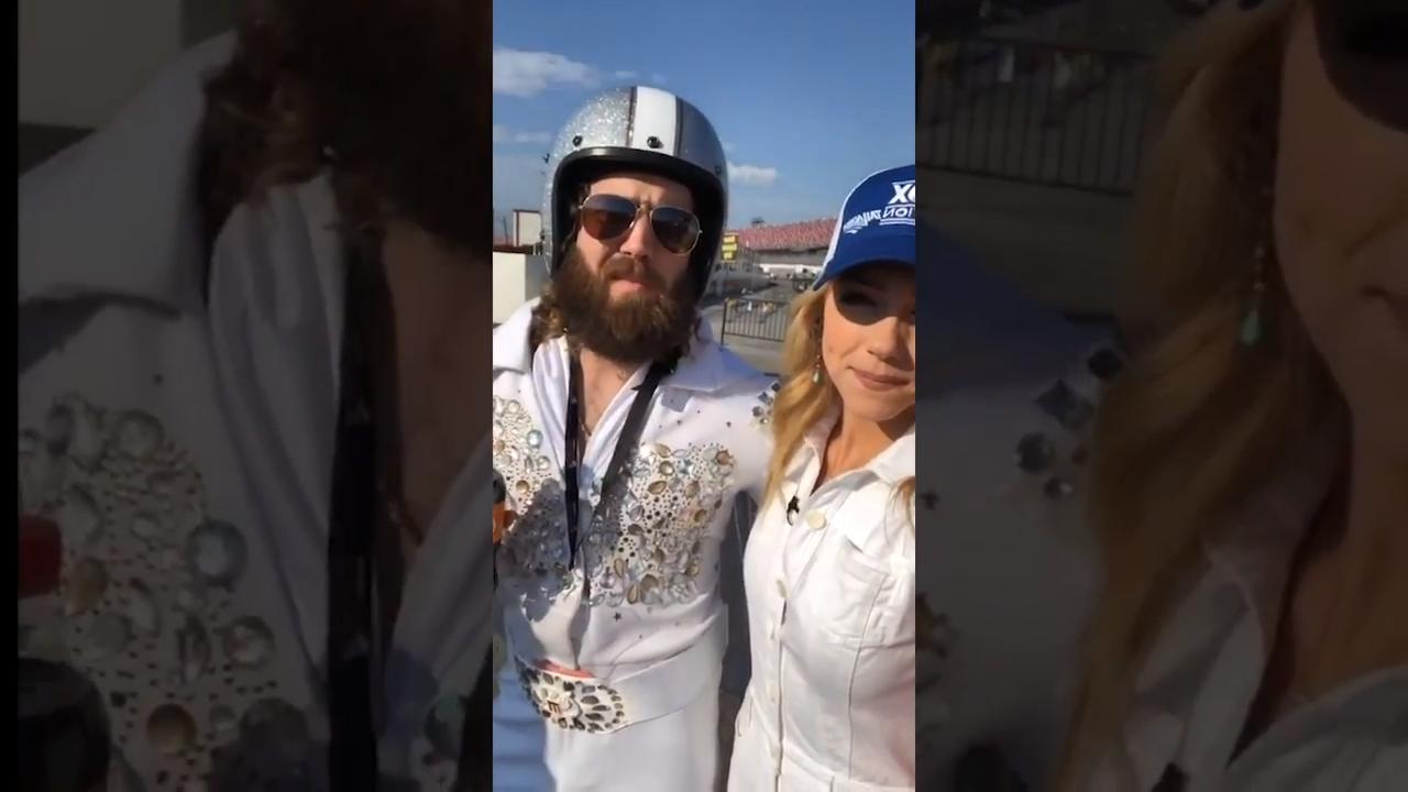 Abby Hornacek chats with Elvis impersonator twins during her visit to Talladega