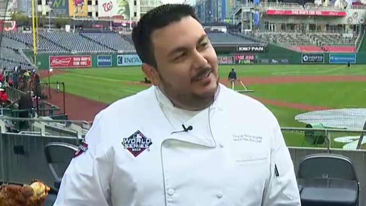 Nationals Park senior executive chef with a game day food display