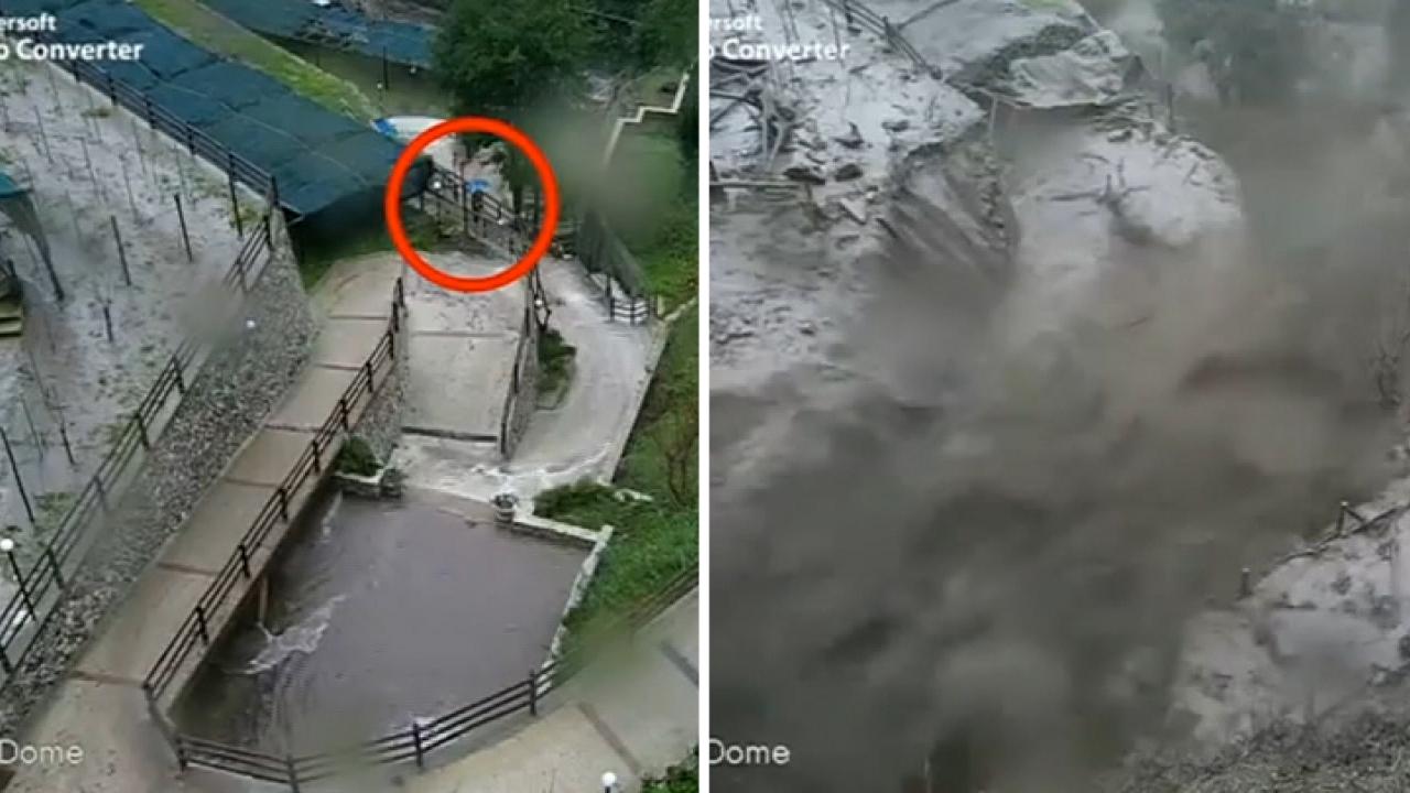 Lucky pedestrian leaves site of landslide seconds before mud and rock crash down