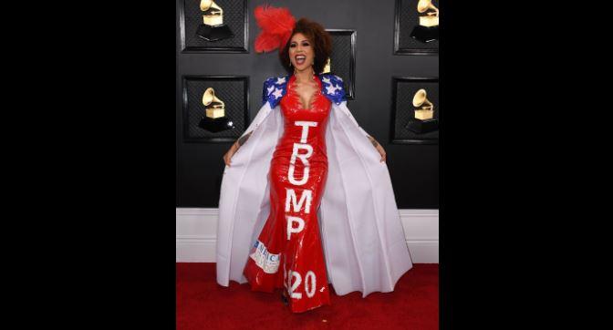 Joy Villa arrives at the Grammy Awards wearing a gown in support of Trump’s 2020 re-election