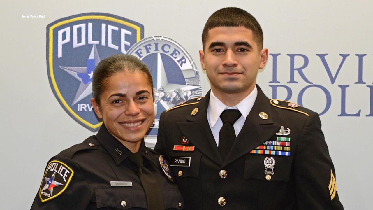 Texas police officer emotional after military son surprises her at swearing-in ceremony